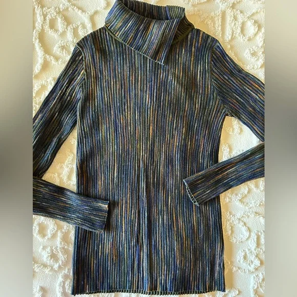 Project cowl neck ribbed pullover, navy multi colored, size S - Picture 1 of 2